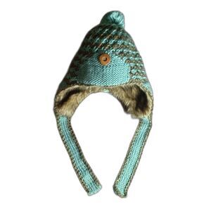 Pistil Osa Beanie Boho Chunky Knit  Aviator  Faux Fur Pompom Teal/brown Rustic